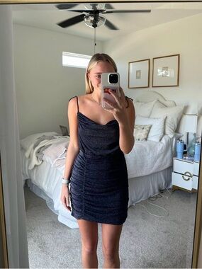 Free People Navy Sparkle Cowl Neck Ruched Mini Dress